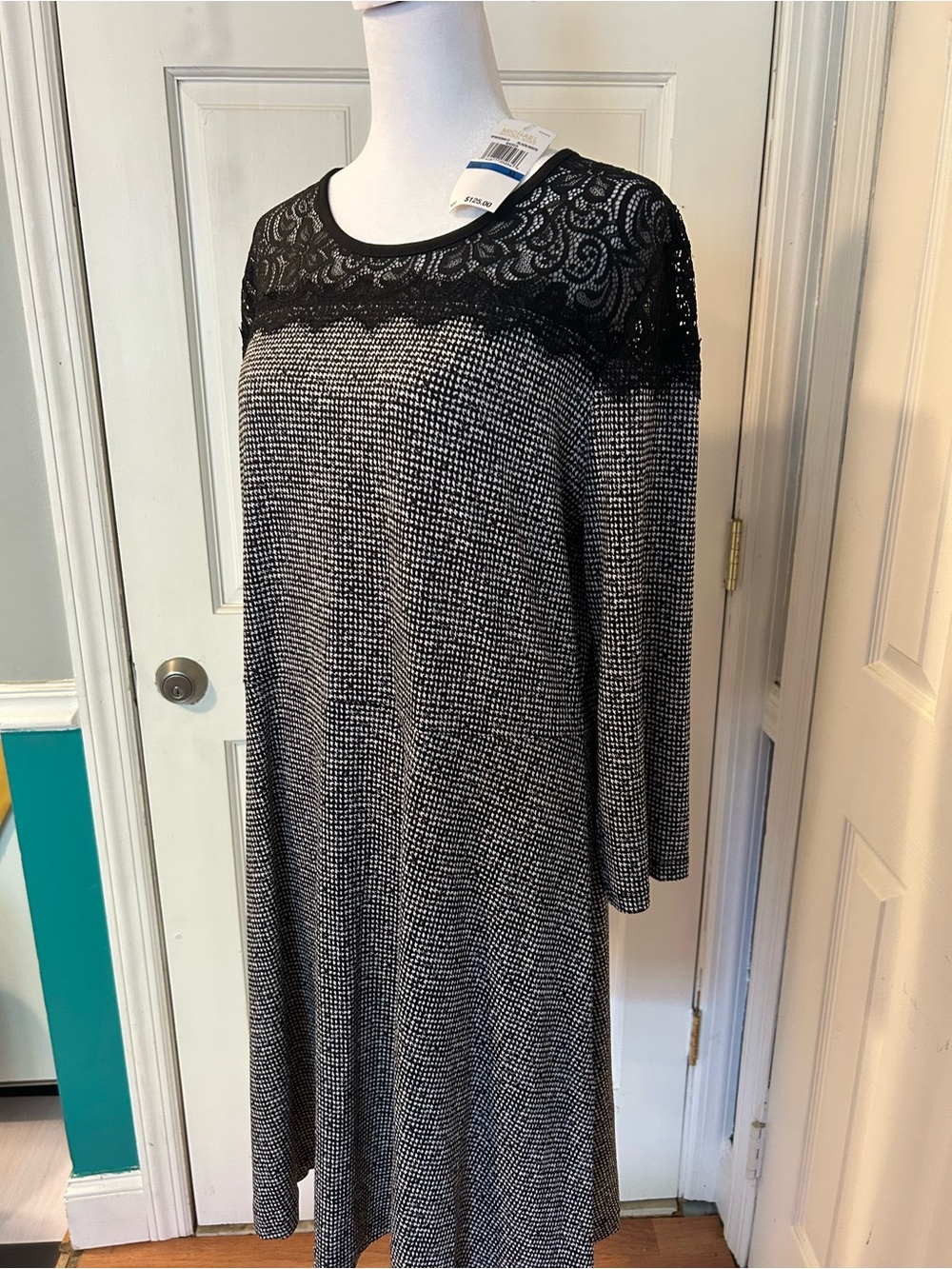 NWT Michael Kors Black Lace Yoke Long Sleeve Houndstooth Swing Dress